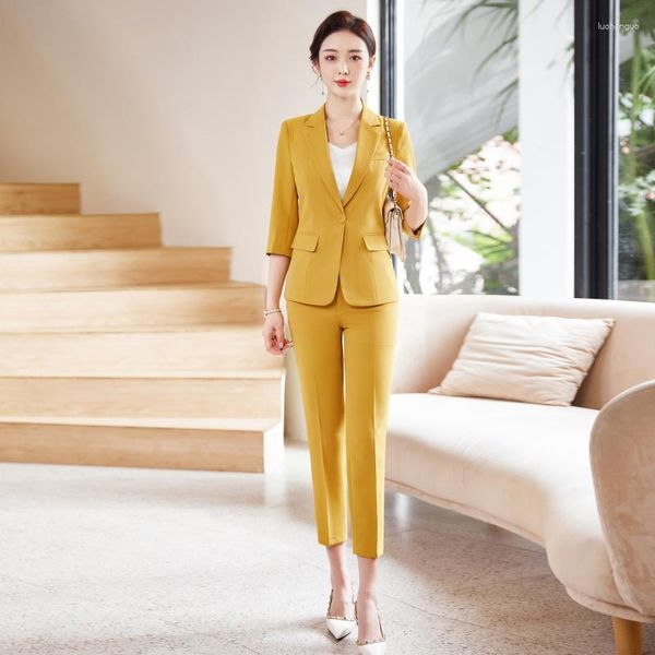 Calças femininas de duas peças moda senhoras blazer amarelo mulheres ternos de negócios 2 calças e jaqueta conjunto trabalho desgaste uniforme de escritório meia manga