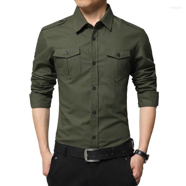 Camisas casuais masculinas mens algodão mangas compridas vestido camisa para homens militar único breasted streetwear sólido multi bolso masculino