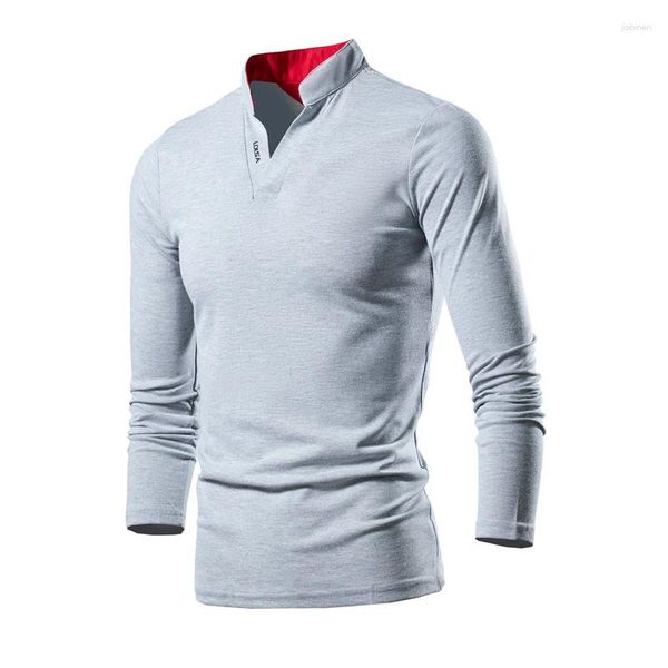 Camisas masculinas outono e inverno algodão camiseta cor sólida manga longa com decote em v moda colarinho pulôver fino ajuste casual topo