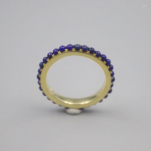 Cluster Ringe Solide Reine S925 Sterling Silber Lapis Lazuli Band Frauen Runde Figur Ring 3mm US8