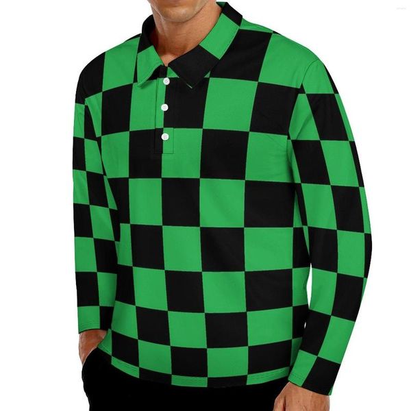 Polos masculinos verde e preto retro quadrado camisa polo masculino xadrez casual primavera streetwear manga longa design camisetas de grandes dimensões