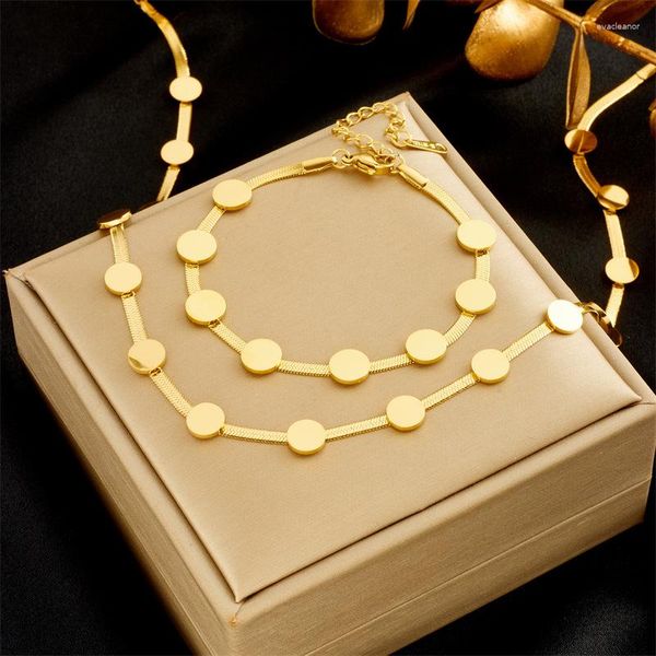 Colar brincos conjunto simples placa de ouro redondo cobra osso corrente jóias pulseira feminina design luxo presente do feriado