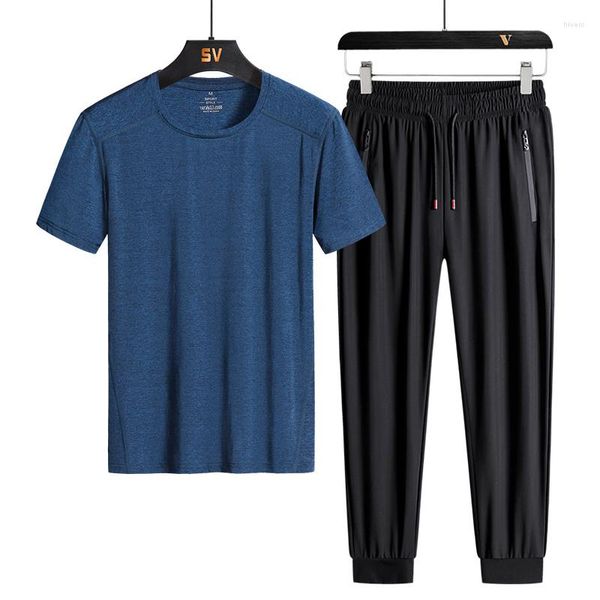 Tute da uomo Tuta sportiva estiva in seta di ghiaccio da uomo Casual T-shirt sottile traspirante Pantaloni Set da due pezzi Tuta da uomo di alta qualità