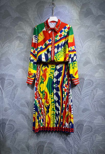Europeu outono vestido de duas peças flip neck camisa colorida impressão cintura envoltório vestido deusa saia de duas peças 9
