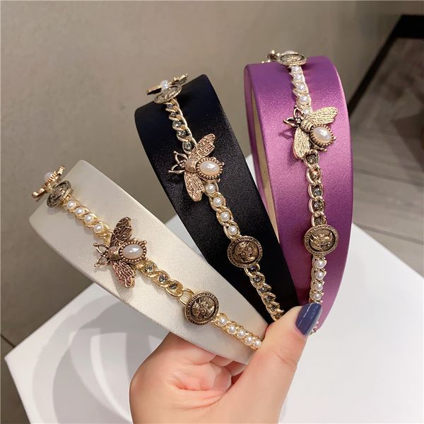 Headbands Vintage Luxo Pérola Gem Bee Liga Wide Headband Full Metal Badge Headwear Acessórios de Cabelo Coroa Barroca Flor Hairbands 230907