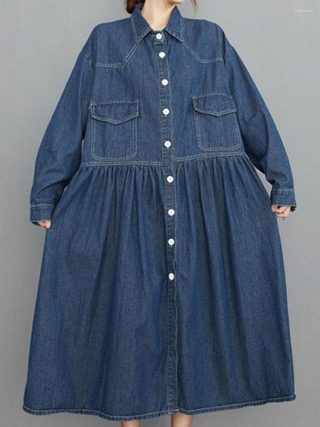 Vestidos casuais feminino outono vintage denim único breasted pulôver botão vestido manga longa camisa solta turn down colarinho meados de bezerro