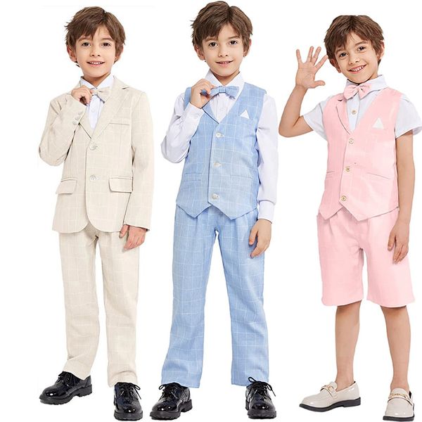 Anzüge Frühling Sommer Kinder Slim Fit Karierten Anzug Set Jungen Blazer Jacke Hosen Bowtie Kleidung Kinder Hochzeit Leistung Party Kostüm 230906