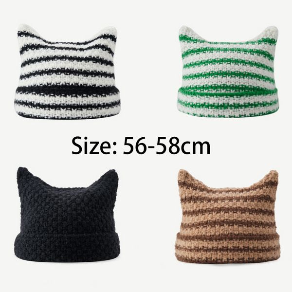 Cappelli a tesa larga Secchio Autunno e inverno Lana calda Femmina Orecchie di gatto carino Versione coreana Cappello lavorato a maglia a righe moda Pullover rosso netto 230907