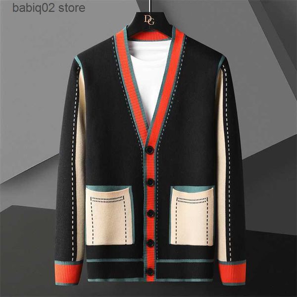 Maglioni da uomo 2022 Top Quality Colore a contrasto Linea Decorazione Cardigan lavorato a maglia Uomo Manica lunga Slim Fit Maglione Cardigan Cappotto da uomo T230907