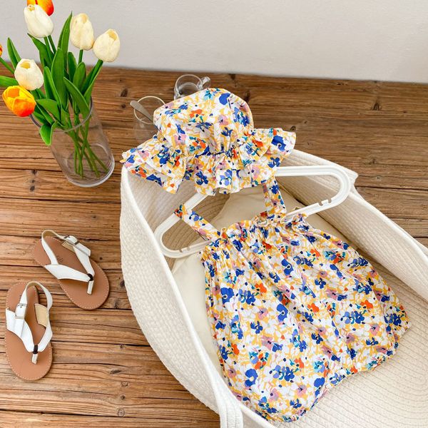 Sommer Strampler Kleidung Blumen Hüte Set Träger Strampler Outfit Baby Mädchen Baumwolle Ärmellose Rüschen Rock Overall 2627