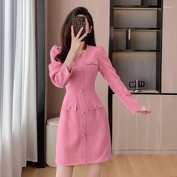 Casual Kleider Hohe Qualität Herbst Rosa Tweed Langarm Kleid Elegante Frauen O Neck Einreiher Büro Damen Slim A linie Vestidos