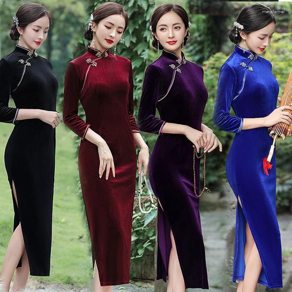 Abbigliamento etnico Abiti tradizionali cinesi Donna Cheongsam Elegante donna Autunno Inverno Velluto Qipao Anno Costume da festa Abiti a maniche lunghe