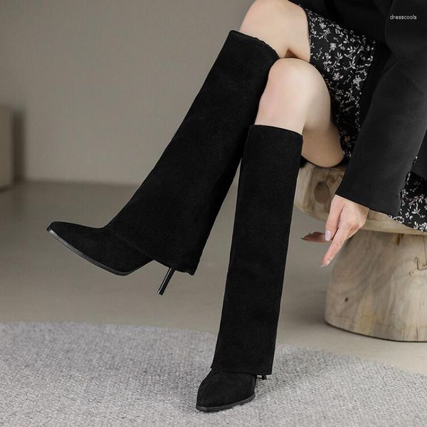Botas outono e inverno moda estilo versátil sexy joelho-alto feminino apontado dedo do pé virado borda alta 9cm plus size 34-48