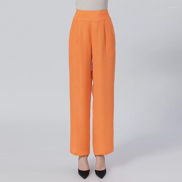 Pantaloni da donna in seta vita naturale arancione jacquard invisibile tiretto laterale inserto obliquo tasca a righe gamba dritta femminile KE570