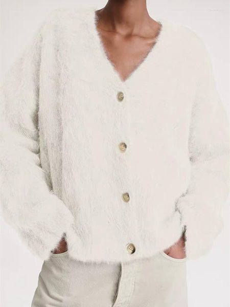 Malhas femininas alpaca misturas malha cardigan casaco com decote em v manga longa cor sólida 2023 outono solto simples camisola feminina