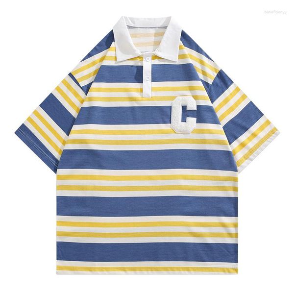 Erkek Polos Boyue İpek Jump Yaz Gevşek Çöp Stripe Polo Gömlek Erkekler Hong Kong Moda Marka Ins En Kısa Kollu Gençler