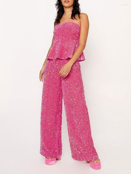 Zweiteiliges Hosen-Outfit für Damen, glitzerndes Pailletten-Crop-Tube-Top, glänzendes Glitzer-Set mit weitem Bein, langes Set, Disco-Nacht-Clubwear