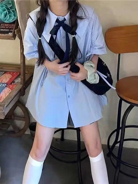Deeptown Koreanischen Stil Sailor Kragen Blau Hemd Frauen Preppy Kawaii Japanische Kurzarm Oversize Bluse Weibliche Kleidung Strickjacke