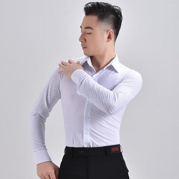 Palco desgaste homens meninos branco manga longa camisa de dança competição desempenho salão moderno salsa tango samba valsa top dancewear