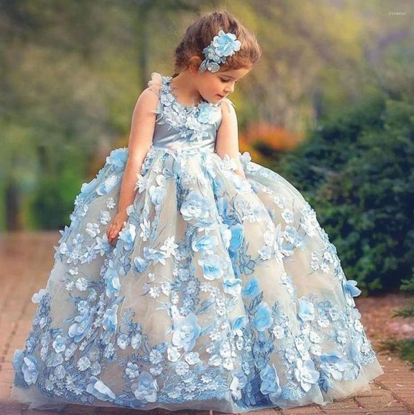 Mädchenkleider, hübsches Ballkleid, Prinzessin, Blume, 3D-Blumenapplikation, Kleinkind-Festzug-Kleider, bodenlang, Plffy-Tüll, Kinder-Abschlussballkleid