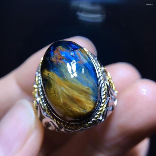 Cluster-Ringe, natürlicher blauer gelber Pieter-Chatoyant-Ring, verstellbare Perlen, 19,5/13 mm, für Damen und Herren, Namibia, modisches Geschenk, Schmuckstein