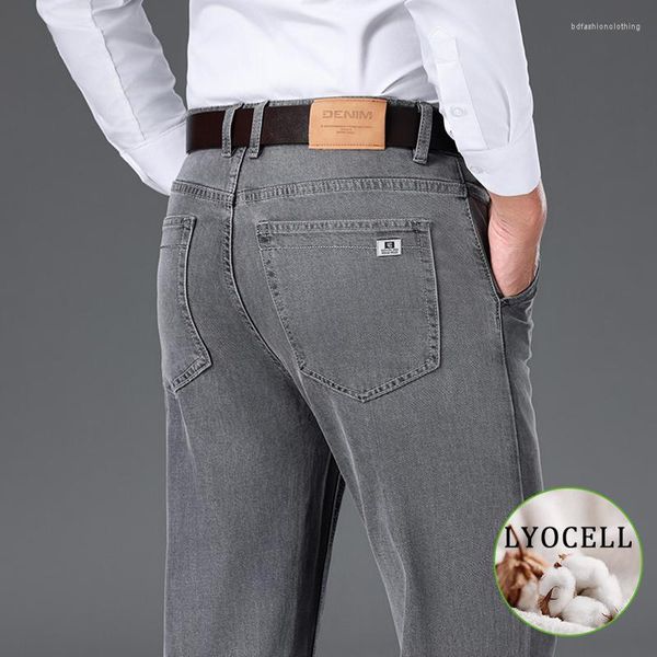 Jeans da uomo grigio fumo dritto larghi uomo Lyocell comodo business casual moda maschile marchio di abbigliamento pantaloni in denim