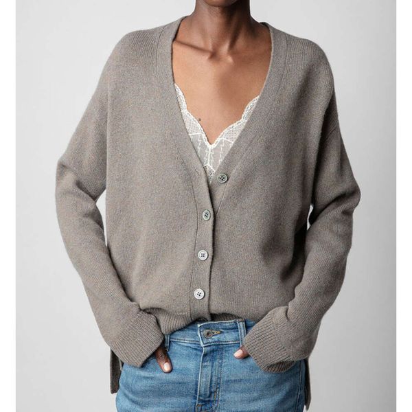 Zadig voltaire cardigan com decote em v feminino designer 100% suéteres de caxemira moda malhas