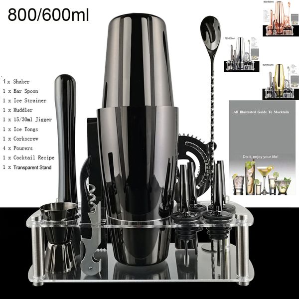 Copos de vinho 12 pcs preto rosa ouro 800 750 600ml Boston Shakers Bartender Kit Cocktail Shaker Set Bar Mixer Ferramentas com receita de suporte 230906