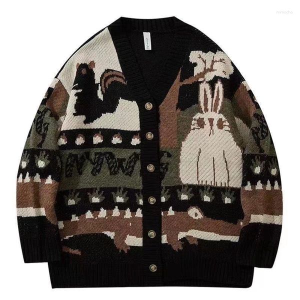 Erkek Sweaters Sonbahar Moda Retro Karikatür Jacquard Hardigan Sweater College Style Gevşek Günlük Örgü Ceket