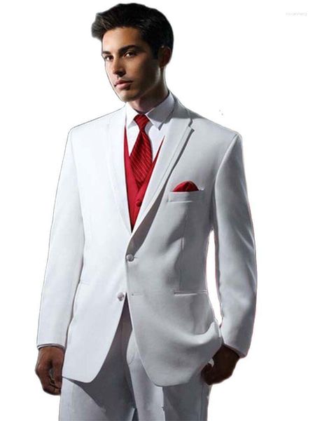 Erkekler 2023 Özel Smokin 3pcs Beyaz Erkekler Düğün Terzi Yapımı Blazer Pantolon İnce Fit Damat Adam Takımları (Ceket Pantolon Kırmızı Yelek Kravat)