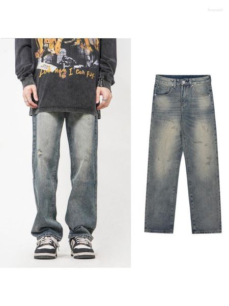 Jeans da uomo Vintage High Street Fori rotti Pantaloni larghi dritti autunnali Uomini e donne drappeggiati a gambe larghe