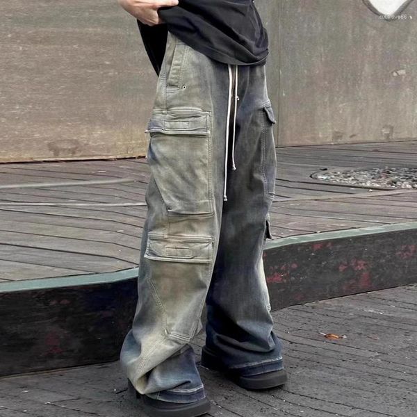 Jeans masculinos Y2K estilo gradiente fita multi bolso cordão harajuku rua calças jeans soltas