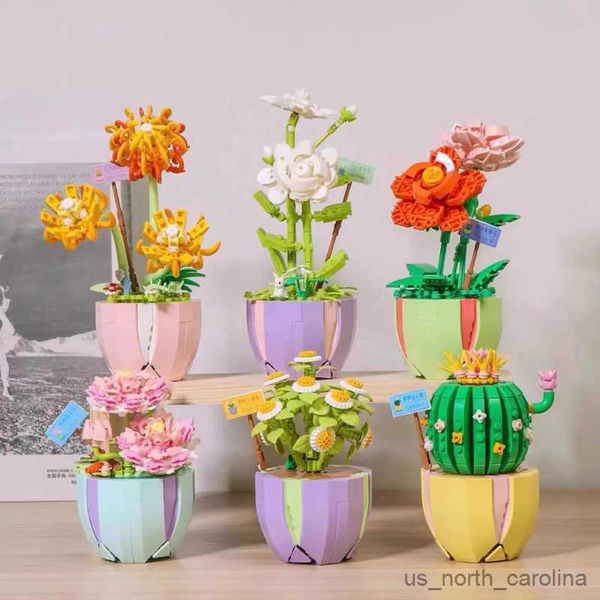 Blöcke Succulents Pflanzenstopf Bausteine Set Lily Lily Dandelion Rose Blumenstrauß Ziegelbild Spielzeug für Mädchen Weihnachtsgeschenk R230907