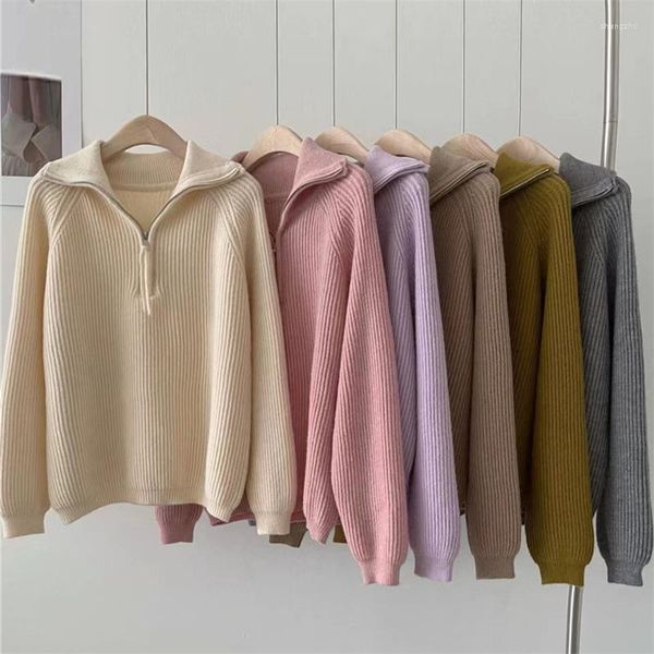 Kadın Sweaters bayanlar pembe mor tatlı tatlı örgü kızlar kış fermuarlı gevşek çizgili triko standı yaka örgü üst kazak