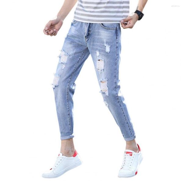Jeans masculinos Cool Men Mid-rise Ankle-Length Denim Calças Elásticas Slim Fit