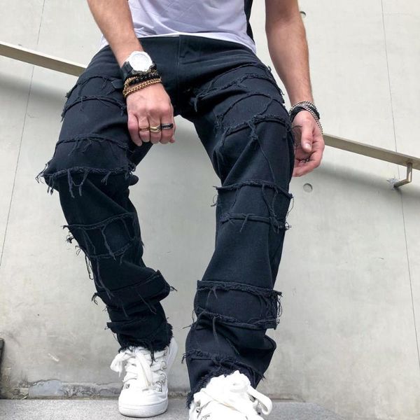 Herren Jeans Einfache Männer Lose Hip Hop Ripped Patch Hosen Stilvolle Streetwear Männliche Gerade Casual Denim Hosen