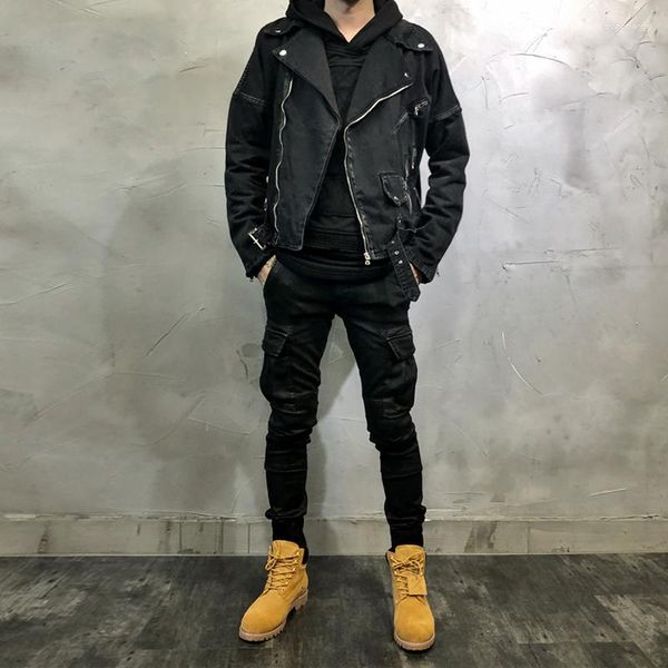 Jaquetas masculinas streetwear moda homens jaqueta cor preta emendada designer denim motociclista marca punk casacos hip hop chaquetas hombre