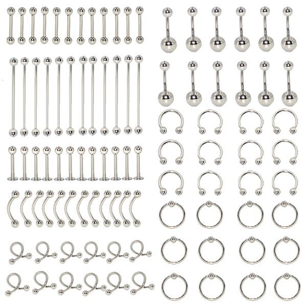 Labret Lip Piercing Jóias 96 Pcs Corpo Lote Aço Nariz Ferradura Língua Sobrancelha Tragus Umbigo Barriga Anel Barbell 14G 16G 230906