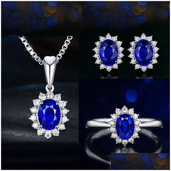 Düğün Takı Setleri Yeni Varış Saprkling Lüks Takı Seti 925 Sterling Sier Oval Kesim Mavi Safir CZ Diamond Kadın Düğün Earrin Dhwkh