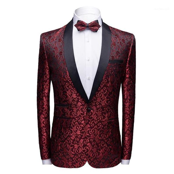 Abiti da uomo Blazer Uomini di marca Collo a scialle Vino Rosso Giacca casual Prom Party Blazer Uomo Cappotto Hombre Slim Fit Floreale Ma232U