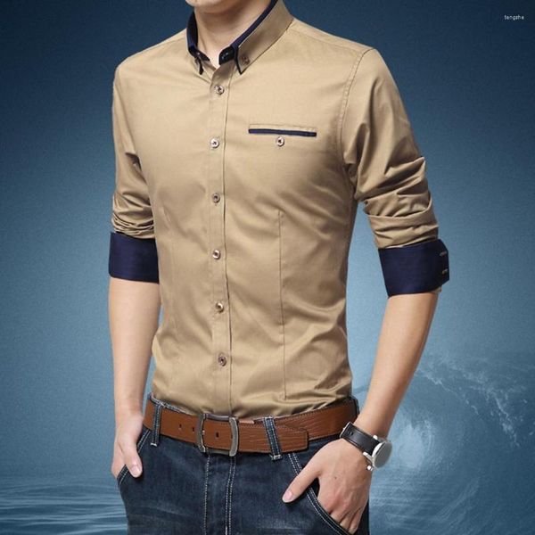 Camicie casual da uomo Camicia da uomo con colletto bavero Elegante e confortevole da lavoro Slim Fit Tinta unita traspirante per l'abbigliamento da ufficio primaverile autunnale