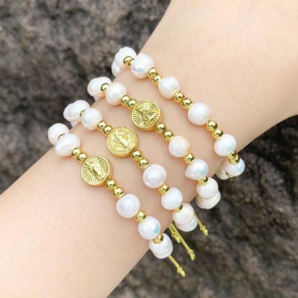 Charme Pulseiras 5 Pcs Mulheres Elegantes Pérolas De Água Doce Frisadas Cobre Banhado A Ouro Virgem Maria Dainty Jóias Presentes