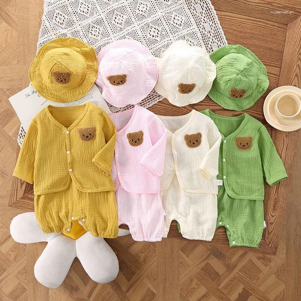 Set di abbigliamento Mussola Set di vestiti per bambina Set di pagliaccetti senza maniche estivi in cotone con cappello Cappotto da ragazzo Abiti da spiaggia per neonati Abiti autunnali nati