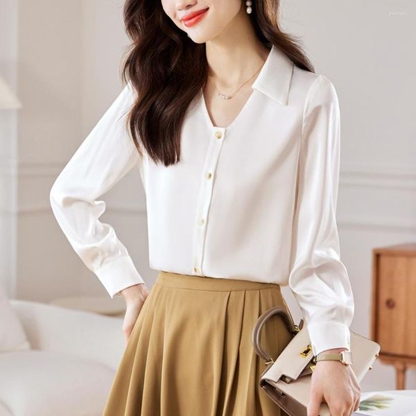 Женские блузки, элегантные офисные женские белые рубашки для женщин, осенняя простота, мода 2023, базовые топы в стиле OL, атласные