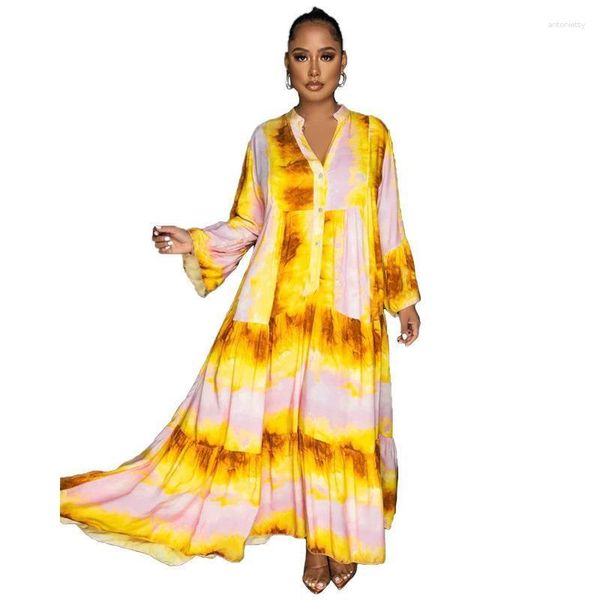 Ethnische Kleidung Afrikanische Kleider für Frauen Casual Lose Robe Maxi Kleid Herbst 2023 Gedruckt Langarm Button Down Hemd Vestidos 2XL