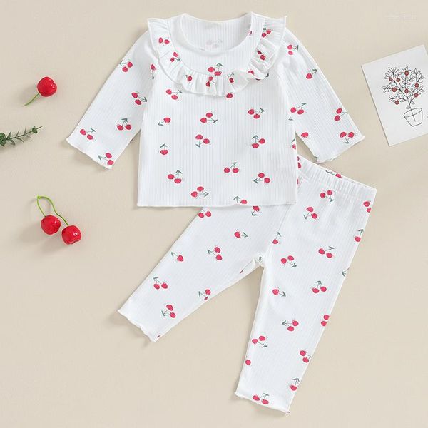 Set di abbigliamento neonate 2 pezzi abiti autunnali volant manica lunga stampa ciliegia top pantaloni set vestiti per bambini