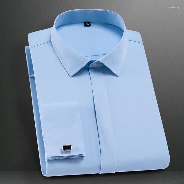 Camisas de vestido masculinas clássico punhos franceses camisa de manga comprida coberta carcela formal negócio padrão-ajuste trabalho de escritório branco