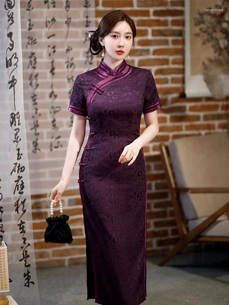 Ethnische Kleidung Yourqipao Sommer Lange Seide Lila Cheongsam Laufsteg Bankett Retro Event Gastgeber Qipao Chinesischen Stil Hochzeit Abendkleid Für