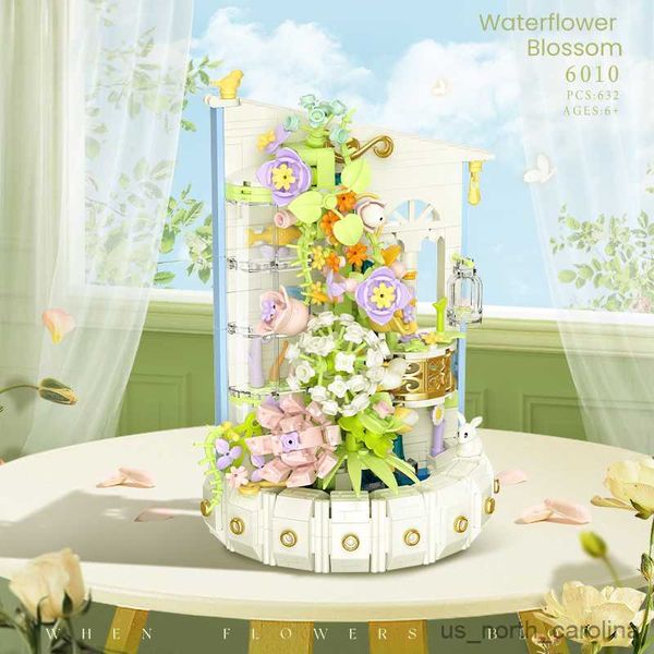 Blöcke 632 stücke Kreative Topfpflanze Bausteine Mit LED Licht Stadt Wasser Pavillon Blumen Ornament Modell Spielzeug für Geschenke R230907