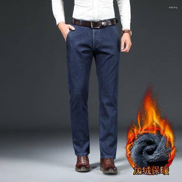 Jeans da uomo in pile autunno e inverno pantaloni dritti da lavoro larghi ispessiti termici da uomo casual tutto